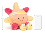 Plush toy with pink and yellow design, including a measurement label on the left.
