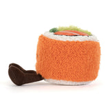 Plush toy resembling a roll of sushi on a white background