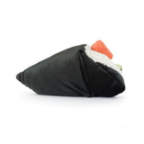 Black fabric dog toy shaped like a roll of sushi with orange and white details on a white background