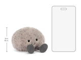 Small plush toy with dimensions and a clear plastic card on a white background