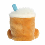 Plush toy resembling a beer mug with foam and a straw on a white background