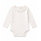 White baby bodysuit with lace collar on a white background