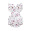 Floral baby romper with ruffled ears on a white background