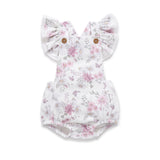 Floral baby romper with ruffled ears on a white background