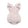 Pink baby romper with ruffled sleeves on a white background