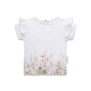 White t-shirt with floral design on a white background