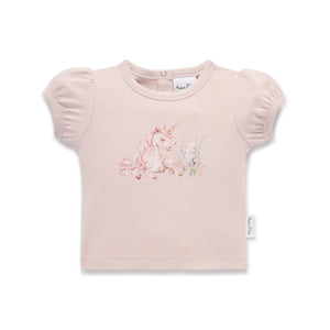 Pink baby t-shirt with unicorn design on a white background