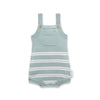 Light blue and white striped baby romper with straps on a white background