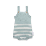 Light blue and white striped baby romper with straps on a white background