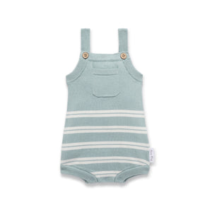Light blue and white striped baby romper with straps on a white background
