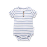 Striped baby bodysuit with buttons on a white background