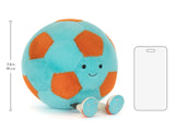 Plush toy soccer ball with wheels and measurement details on a white background
