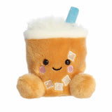 Plush toy resembling a bubble tea with a smiling face on a white background