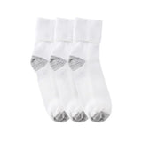 Three white ankle socks with gray heel and toe accents, arranged side-by-side on a plain white background.