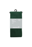 A pair of dark green cotton rich tights in a hanger pack with a gray paper label. The label features the brand name 'bearfoot' and product details including 'COTTON RICH TIGHTS', 'MIDS', and '2 PARS'.