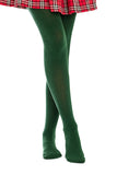 A person's legs wearing dark green tights, with the hem of a red, black, and white plaid skirt visible at the top, against a plain white background.