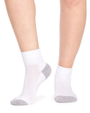 A pair of low-cut white socks with gray heels and toes, shown on a person's feet against a plain white background.