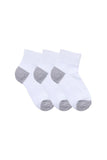 Three pairs of white ankle socks with gray heels, toes, and soles, arranged in a fan shape on a plain white background.