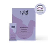Purple packaging of mini + me Hydramama blackcurrant with a smaller packet in front on a white background.