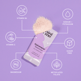 Nini Me Hydramana back scrubber with ingredients listed on a purple background
