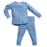 Children's blue pajama set with heart pattern on a white background