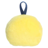 Yellow plush ball with a blue handle on a white background