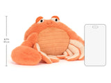 Plush crab toy with dimensions and a clear plastic cover on a white background