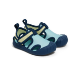Pair of blue and navy children's sandals on a white background