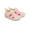 Pair of pink and beige children's sandals on a white background