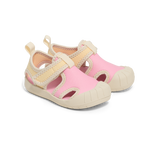 Pair of pink and beige children's sandals on a white background