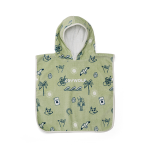 Green hooded poncho with patterns on a white background