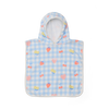 Children's poncho with hood and cherry pattern on a blue checkered background