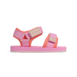 Pink and orange sandal with visible brand name on a white background
