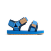 Blue sandals with brown straps and a visible brand logo on a white background