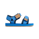 Blue sandals with brown straps and a visible brand logo on a white background