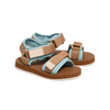 Pair of brown and blue sandals on a white background
