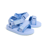 Pair of light blue sandals with multiple straps on a white background