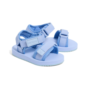 Pair of light blue sandals with multiple straps on a white background