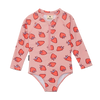 Pink children's swimsuit with strawberry pattern on a white background