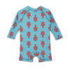 Children's blue swimsuit with red lobster pattern on a white background