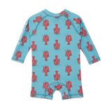 Children's blue swimsuit with red lobster pattern on a white background