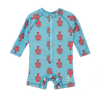 Blue baby romper with red lobster pattern on a white background
