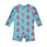 Blue baby romper with red lobster pattern on a white background