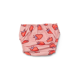 Pink baby bloomers with strawberry pattern on a white background