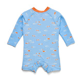 A baby long-sleeve romper in light blue with an all-over fish print in orange and white, featuring an orange collar and leg cuffs, shown flat on a white background.