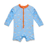 A baby long-sleeve swim suit or romper in light blue with an orange zipper and collar, decorated with a pattern of orange and white fish, shown on a plain white background.