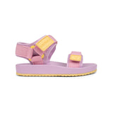 A single children's sandal in light purple with yellow accents, featuring adjustable woven straps and a thick cushioned sole, shown from a side profile on a white background.