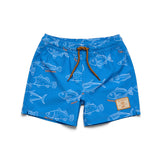 Blue swim trunks with a white fish pattern, featuring an orange drawstring and a brown brand patch on the left leg.