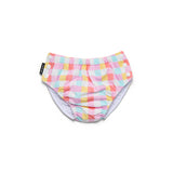 A reusable cloth diaper with a pastel multicolor checkered pattern, featuring a white elastic waistband with snap buttons and a small black brand tag on the left side, photographed on a solid white background.