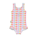 A sleeveless one-piece baby swimsuit featuring a pastel pink, yellow, and light blue gingham check pattern with a ruffled hem, displayed flat against a white background.